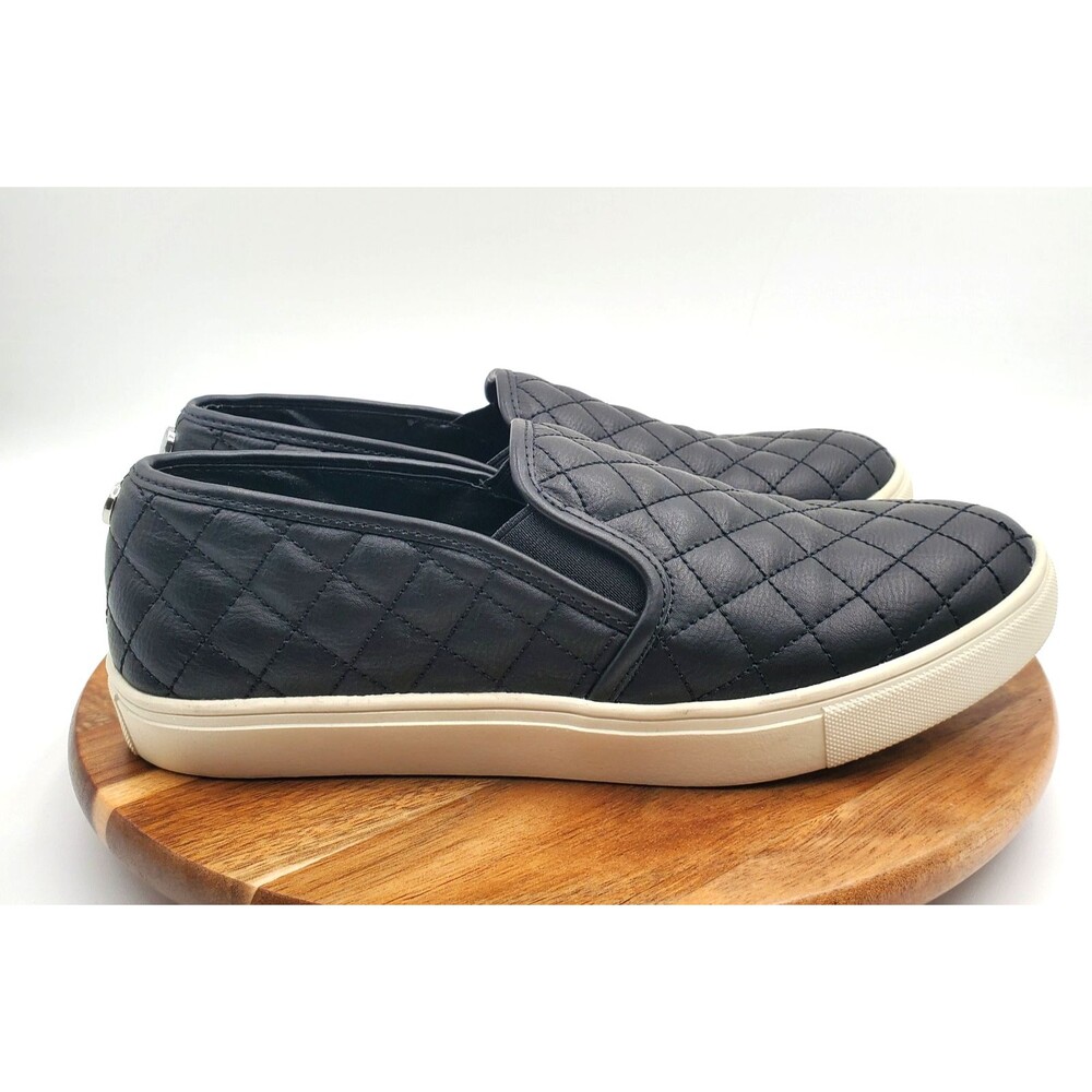 Steve Madden Slip On Sneakers Women 9.5M Black Pleated Faux Leather Casual Shoes